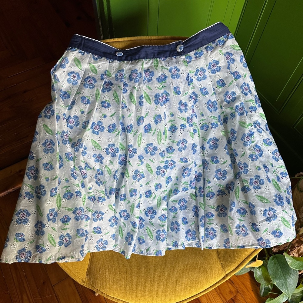 Unique Vintage Blue and White Floral A-Line Skirt